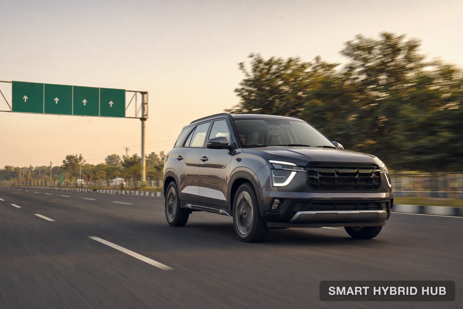 A hybrid SUV on a long highway drive