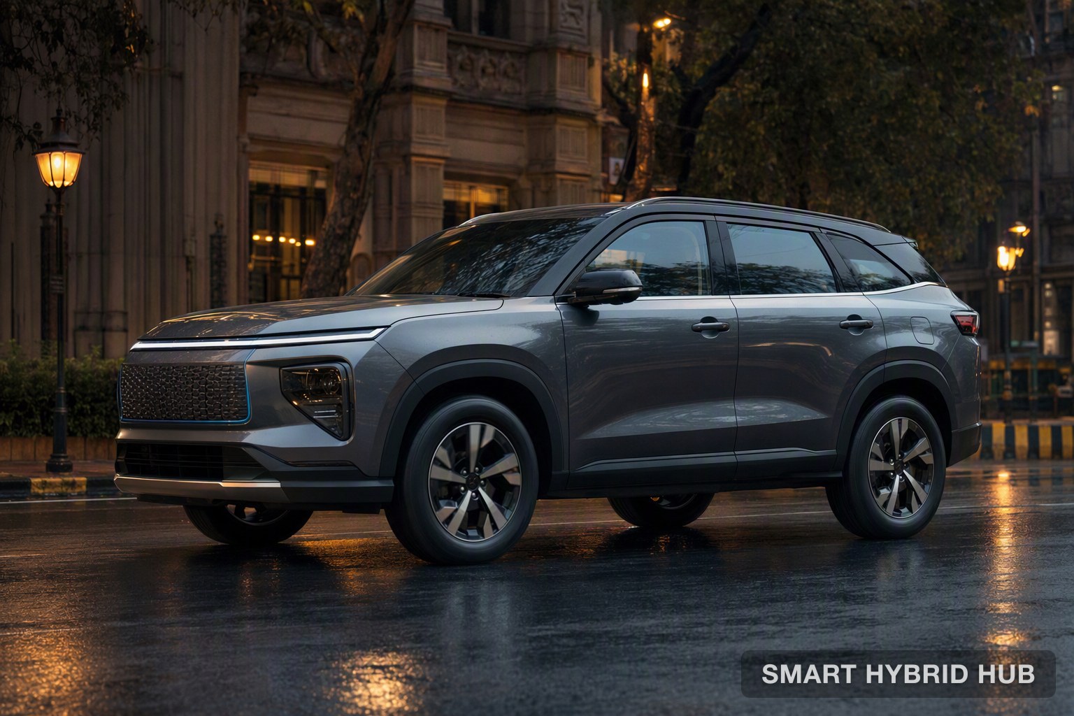 A hybrid mid-size SUV charging its battery through regenerative braking on a city road
