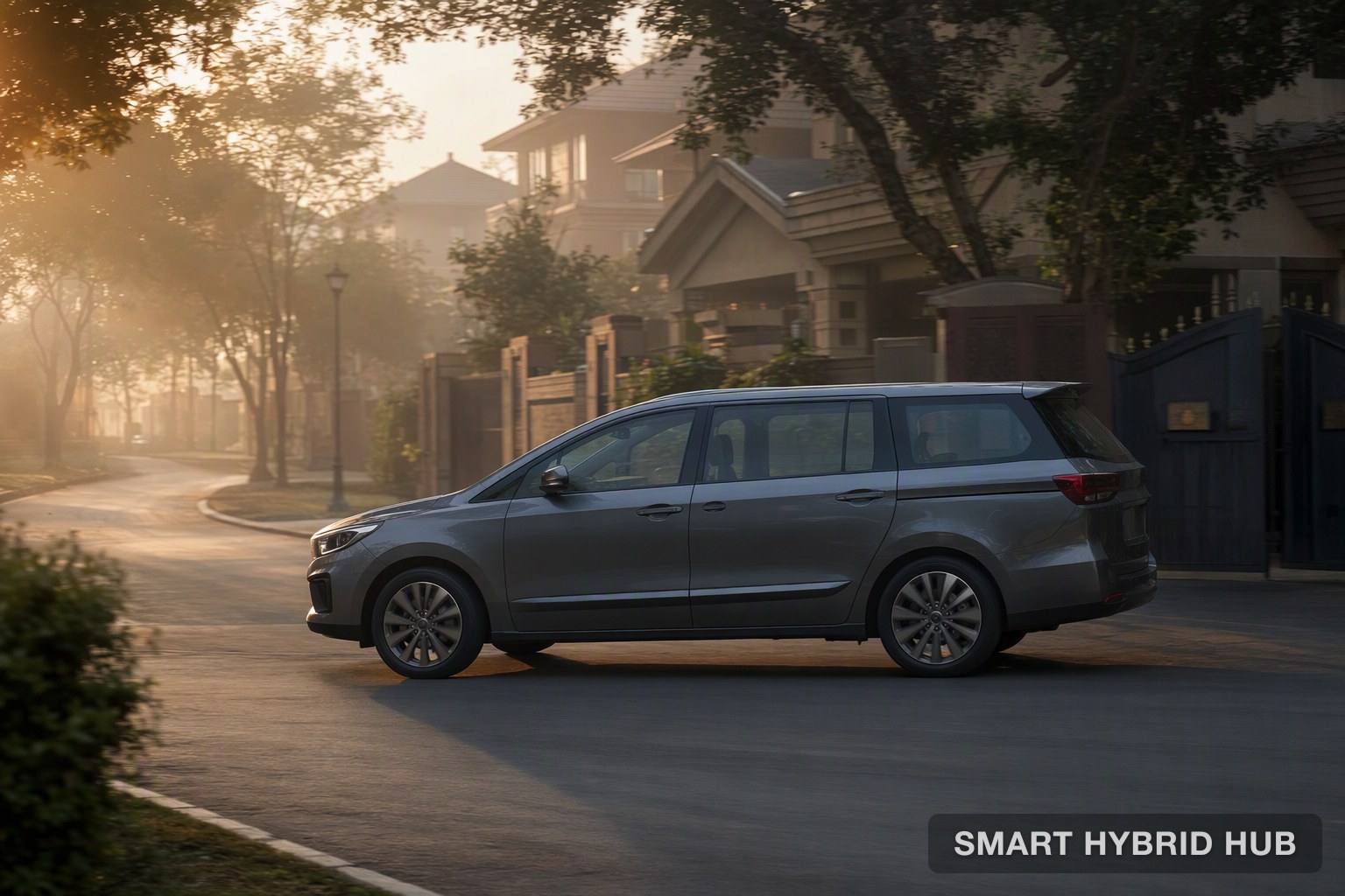 A hybrid MPV pulling away silently in electric mode