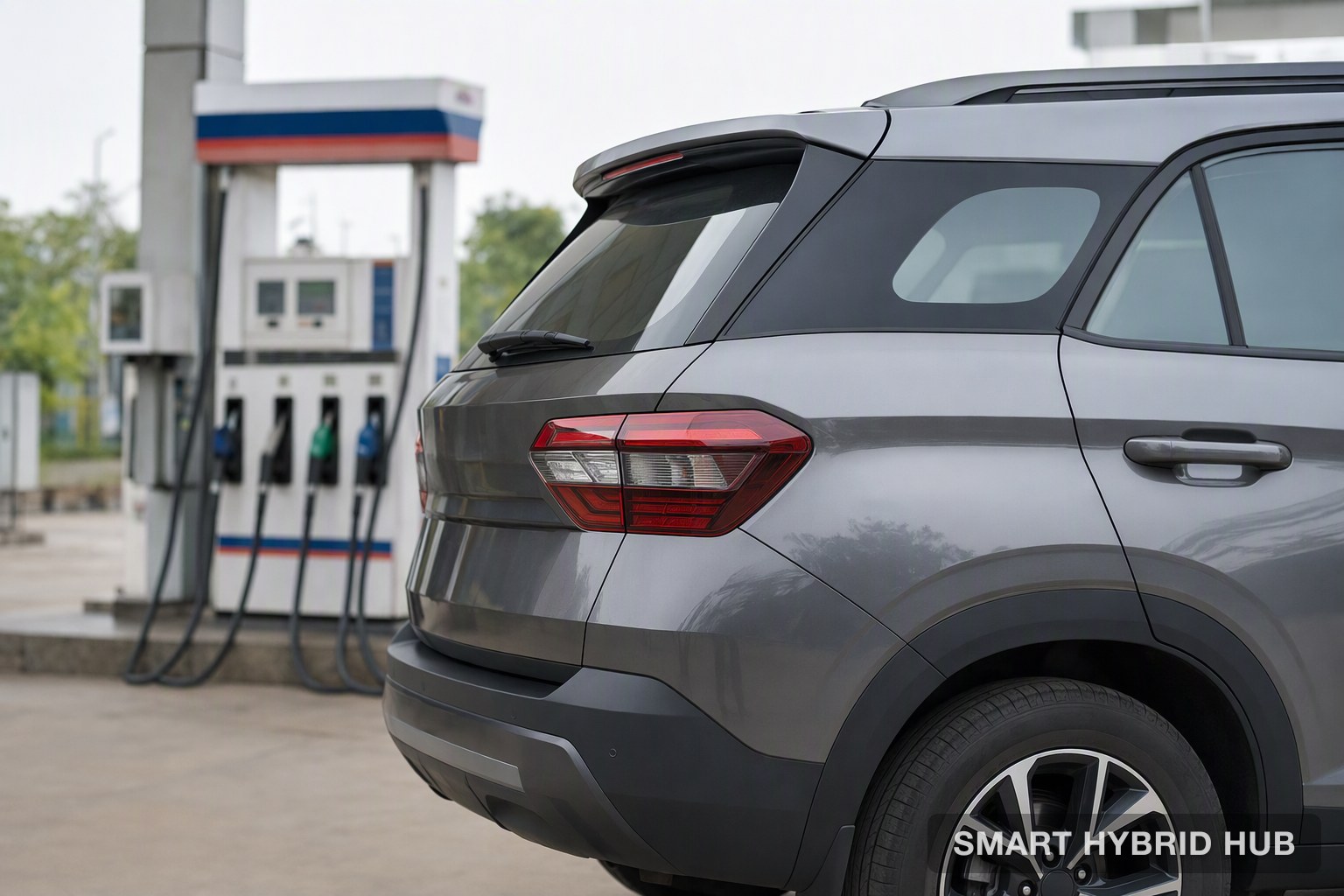A fuel pump nozzle beside a hybrid SUV