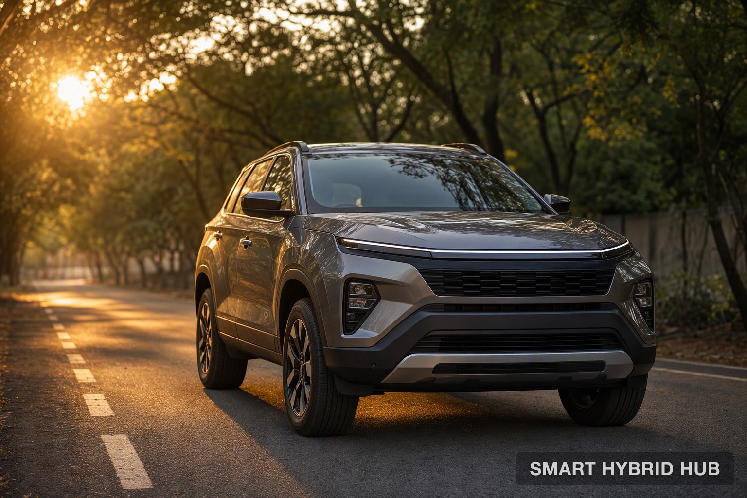 A hybrid SUV on an open road with its efficiency display lit