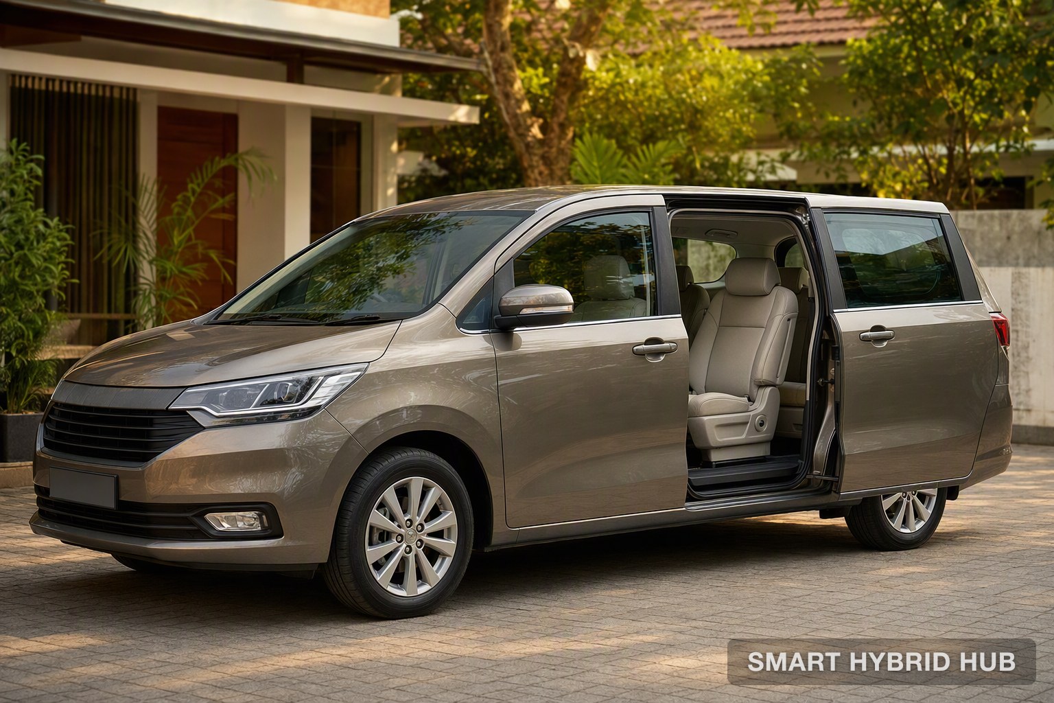 A hybrid MPV with its sliding door open