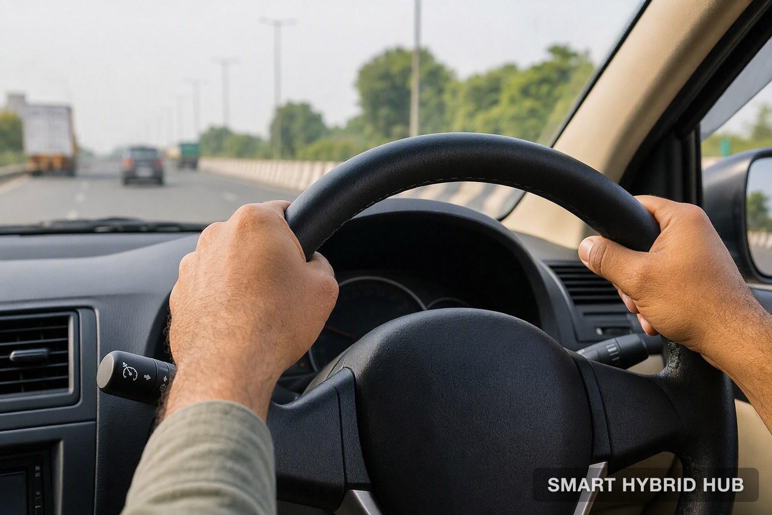 A driver using steering-mounted cruise control on a highway